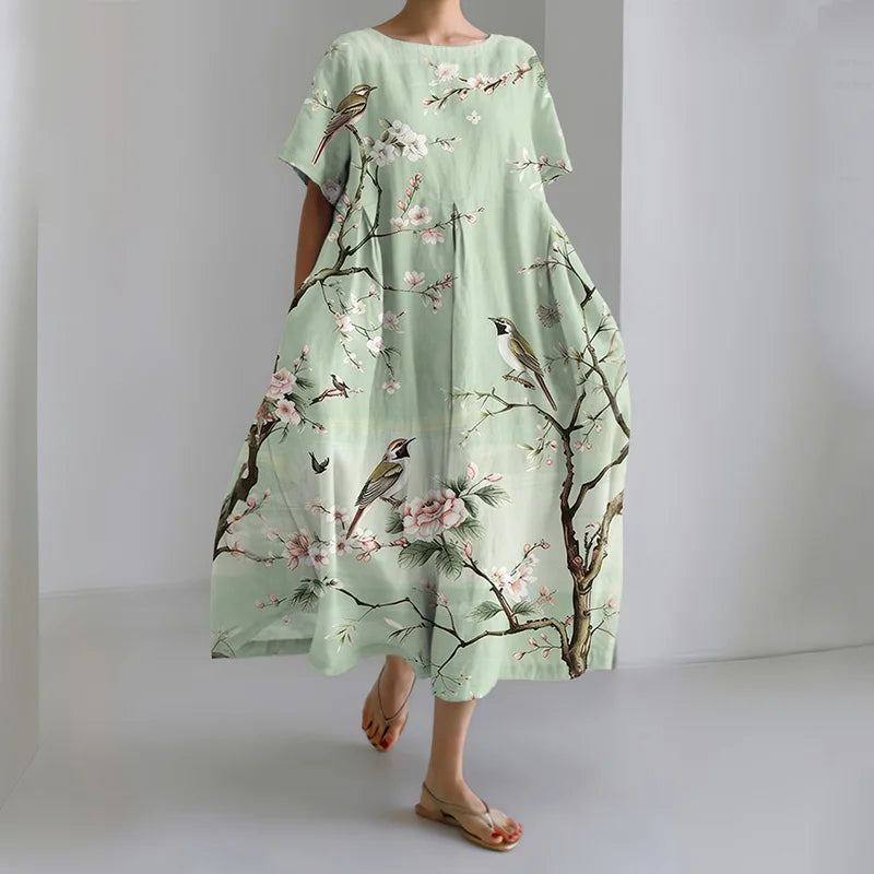 Cardydony Women's Casual Japanese Floral And Bird Art Print Dress