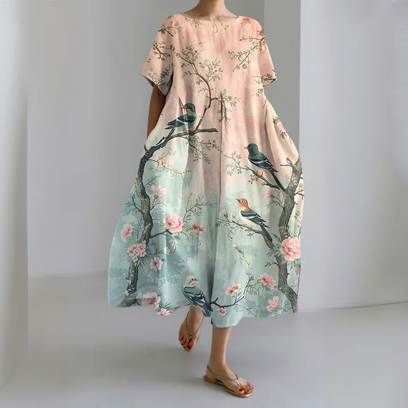 Cardydony Women's Casual Japanese Floral And Bird Gradient Art Print Dress