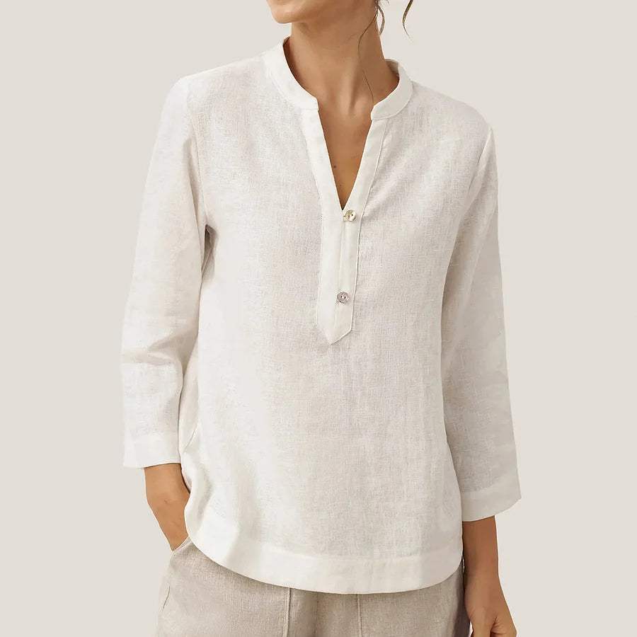 Cardydony Women's Casual Solid Color Linen V-neck Pullover With Button Top