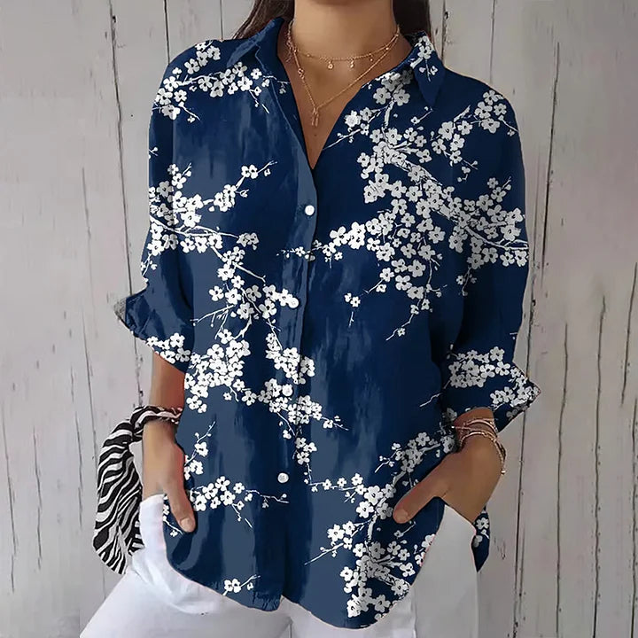 Cardydony Women's Casual Vintage Blue Floral Art Print Shirt