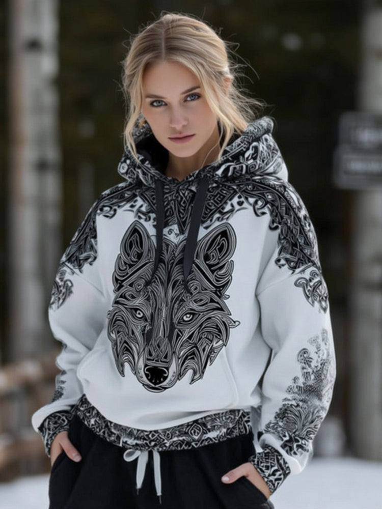 Cardydony Women's Celtic Art Style Wolf Pattern Comfortable Hooded Sweatshirt