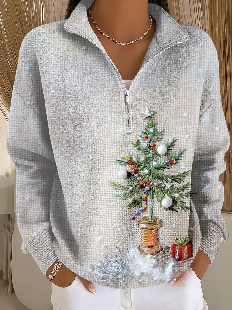 Cardydony Women's Christmas Tree Print Zipper Sweatshirt