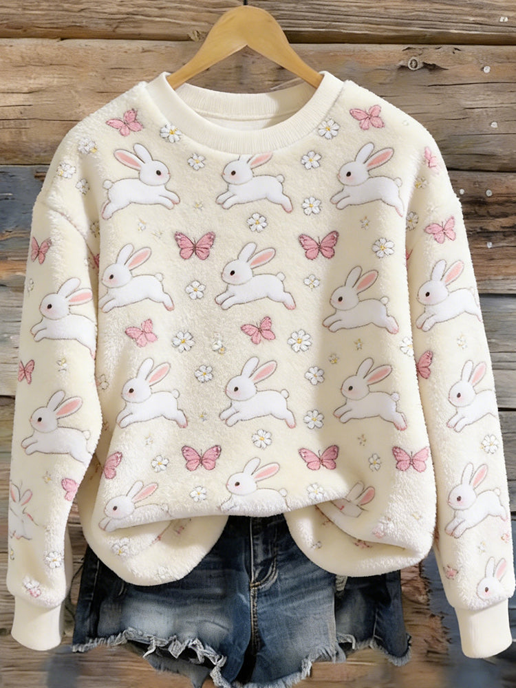Cardydony Women's Cute Bunny And Butterfly Pattern Winter Plush Crew Neck Sweatshirt
