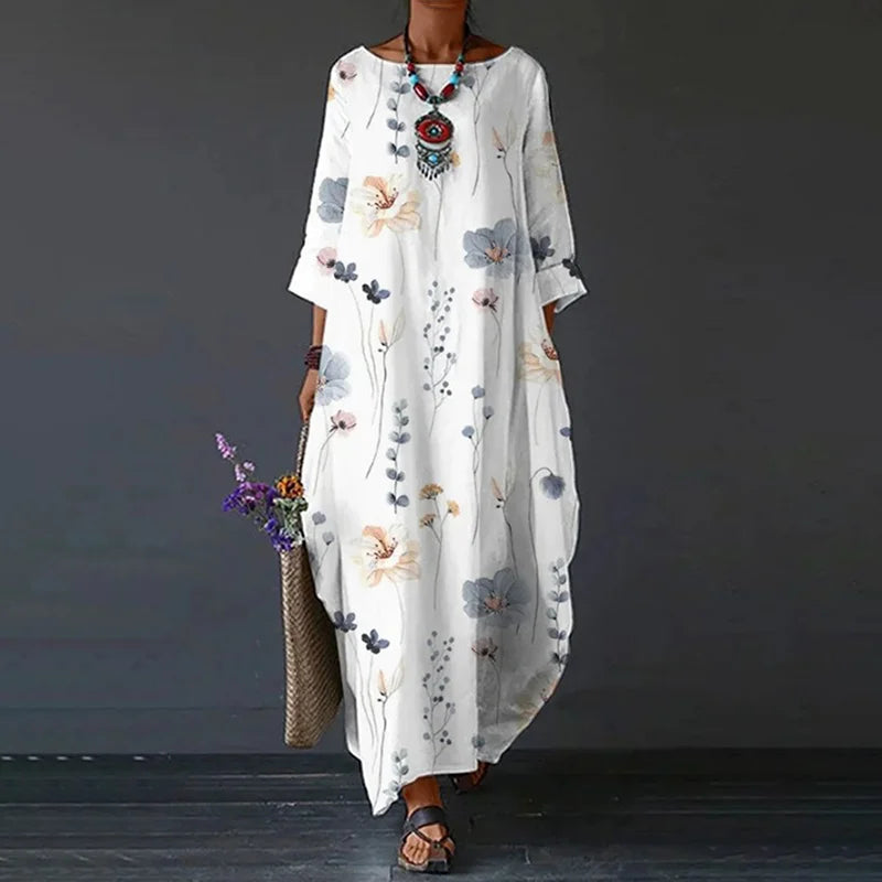 Cardydony Women's Floral Print Loose Cotton Linen Maxi Dress