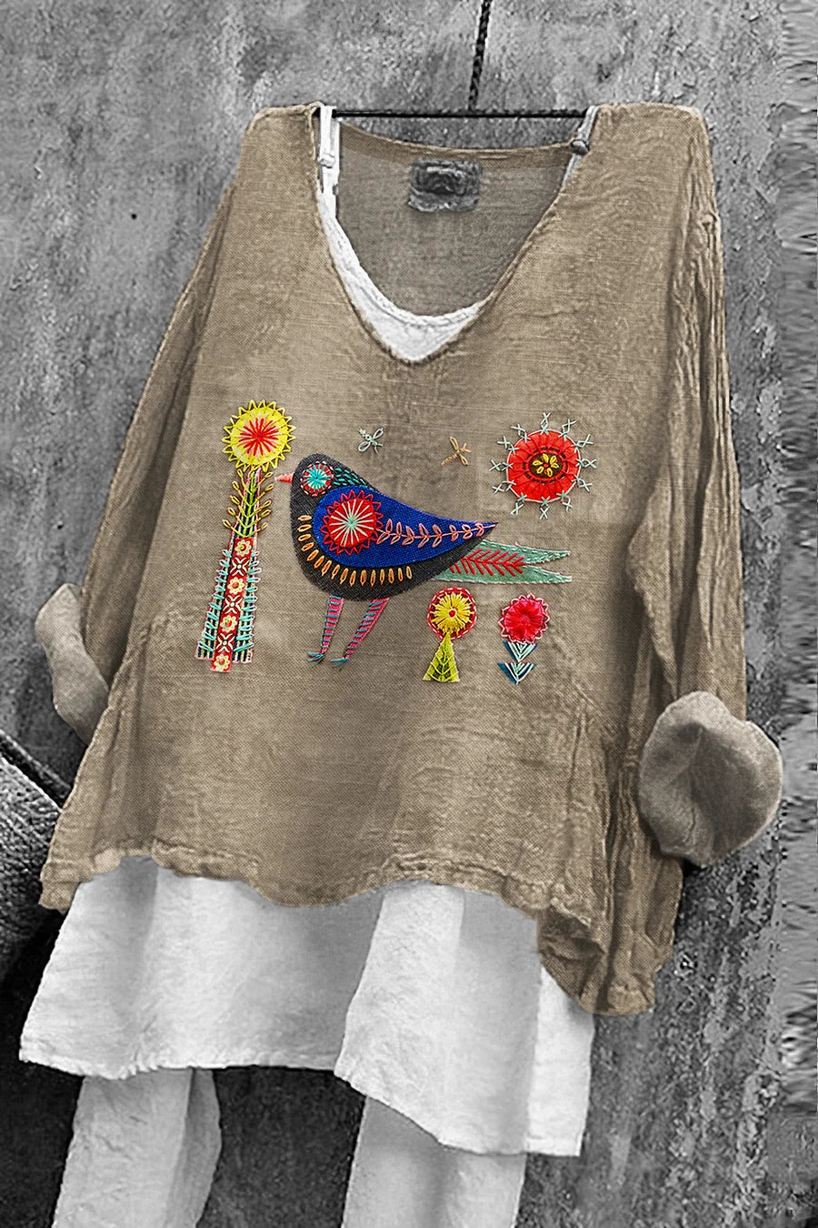 Cardydony Women's Flower And Bird Embroidery Art Linen V-neck Shirt
