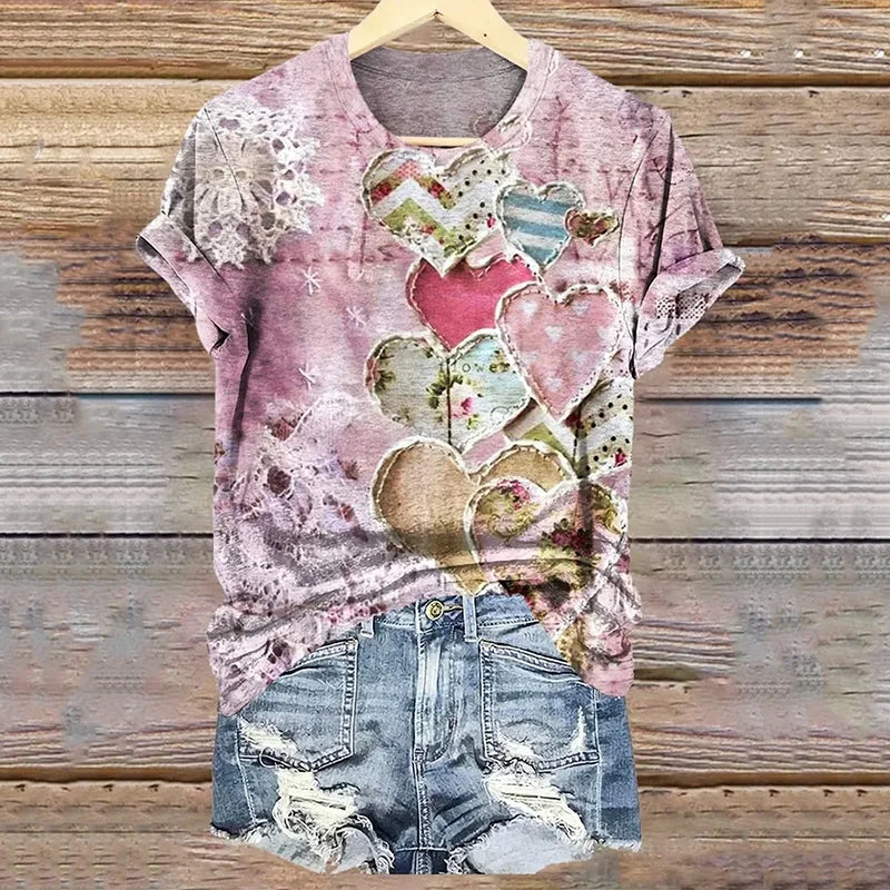 Cardydony Women's Heart Art Print Round Neck Short Sleeve T-shirt