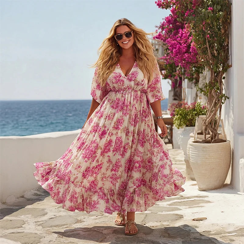 Cardydony Women's Resort Style Floral Print Plus Size Dress