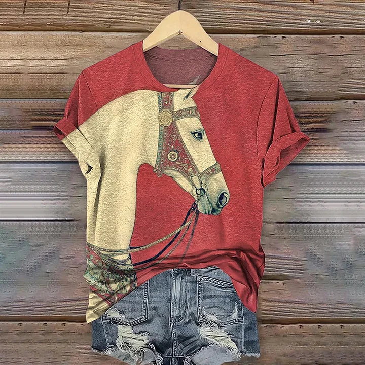 Cardydony Women's Retro Tribal Horse Art Pattern Casual T-shirt