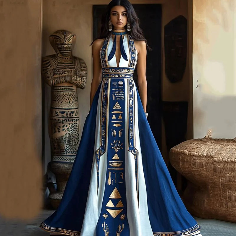 Cardydony Women's Vintage Ancient Egyptian Pattern Art Pattern Linen Dress