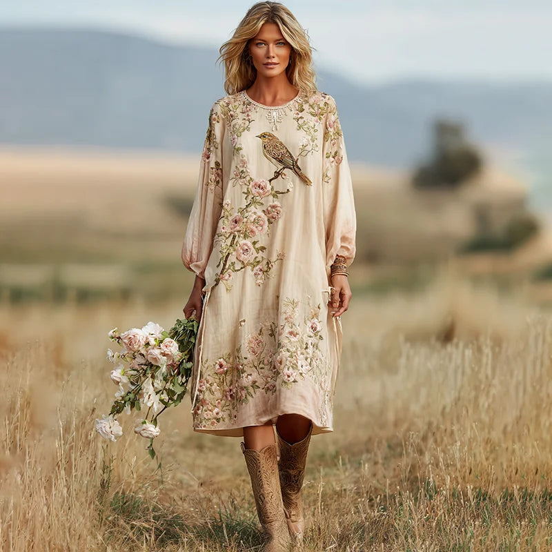 Cardydony Women's Vintage Boho Roses And Birds Art Casual Dress