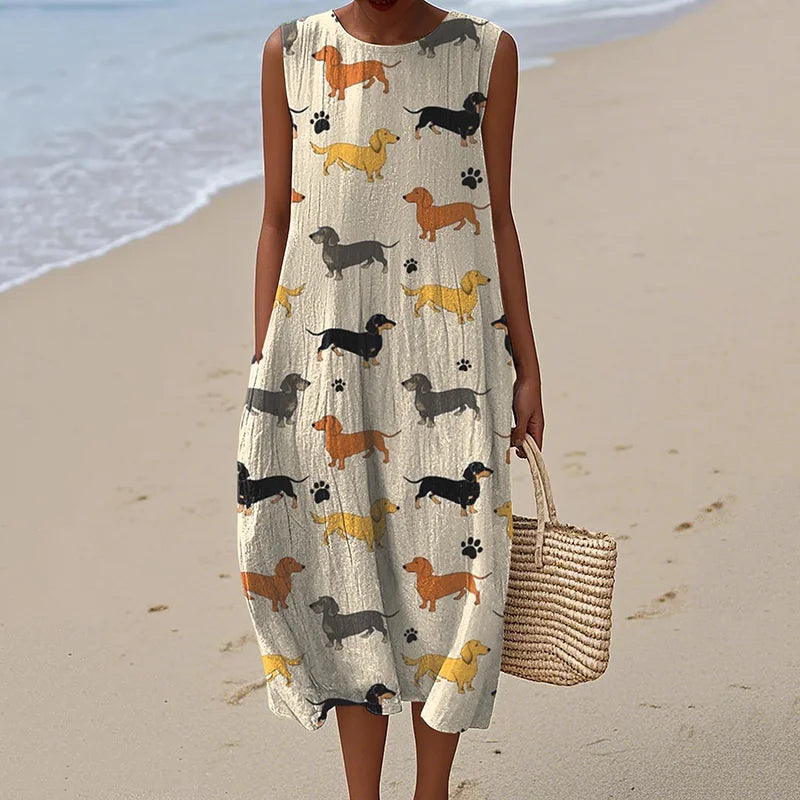 Cardydony Women's Vintage Dachshund Dog Art Print Linen Tank Midi Dress