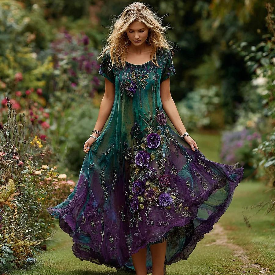 Cardydony Women's Vintage Floral Embroidery Gradient Pattern Round Neck Dress