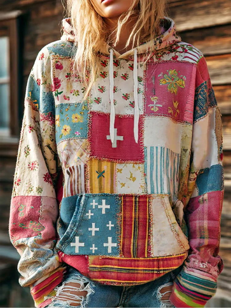 Cardydony Women's Vintage Flower Cross Art Long Sleeve Hoodie