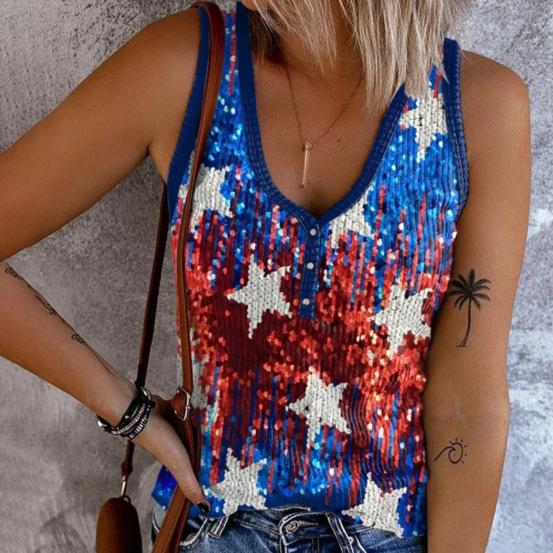 Cardydony Women's Vintage Independence Day Sequins Glitter Print Tank Top