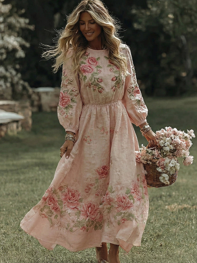 Cardydony Women's Vintage Rose Art Flowy Maxi Dress