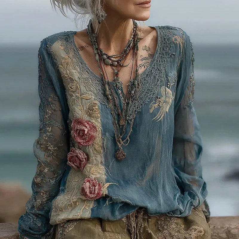 Cardydony Women's Vintage Rose Floral Embroidery Linen Shirt