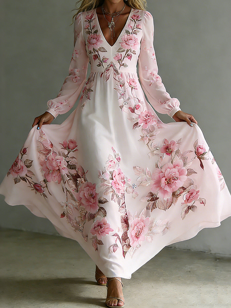 Cardydony Women's Vintage Rose Printed Art V-neck Long Sleeve Maxi Dress