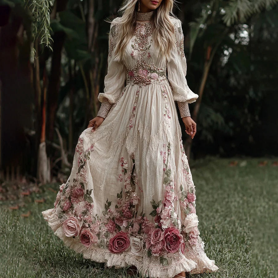 Cardydony Women's Vintage Roses Embroidery Art Crew Neck Long Sleeves Maxi Dress