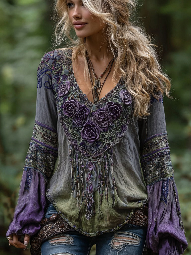 Cardydony Women's Vintage Tribal Tassel Rose Embroidery Art Pattern Linen Shirt