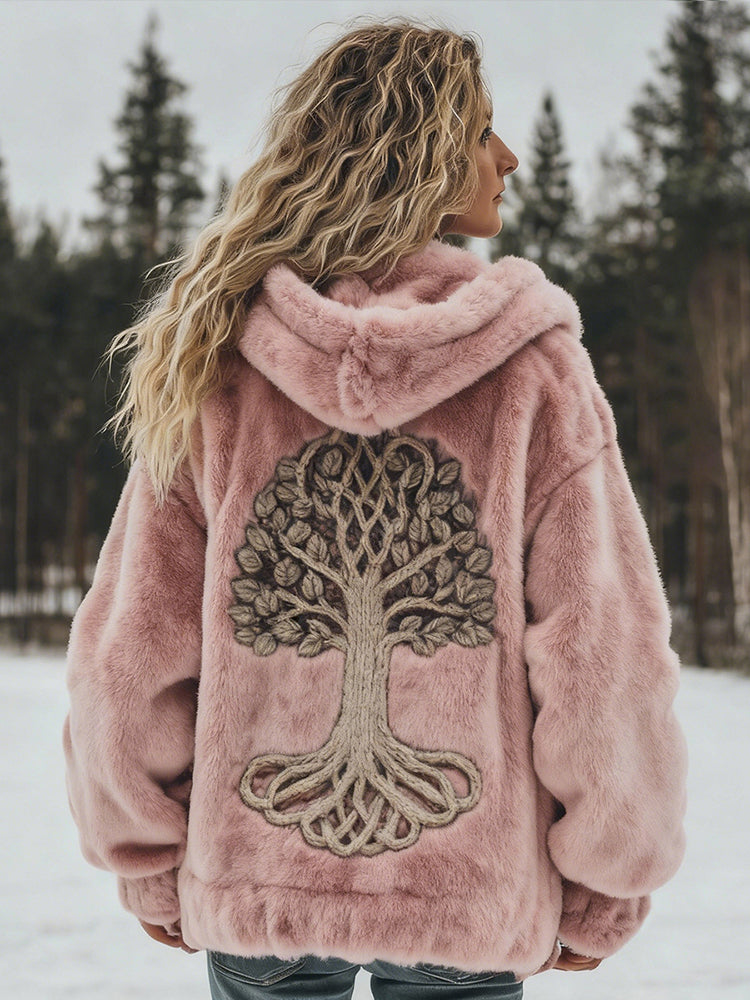 Cardydony Women's Vintage Viking Tree Of Life Plush Warm Flannel Hoodie