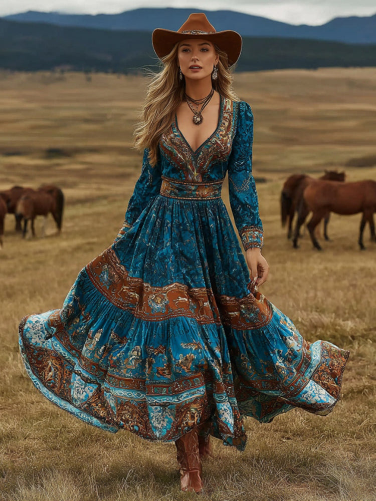 Cardydony Women's Vintage Western Horse Art Print V-neck Long Sleeve Maxi Dress