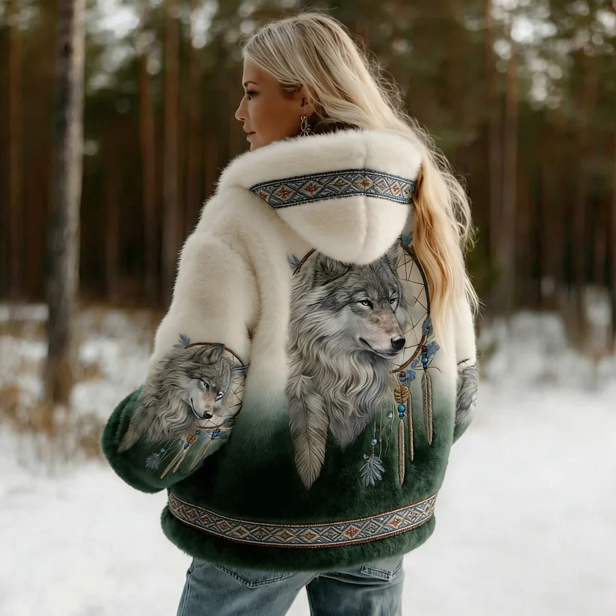 Cardydony Women's Vintage Wolf Art Knit Cozy Flannel Hoodie