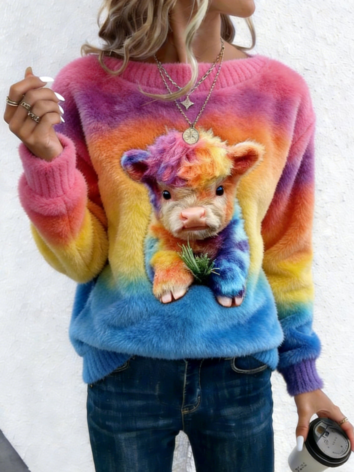 Cardydony Women's Winter Cute Colored Highland Cow Graphic Art Flannel Sweatshirt