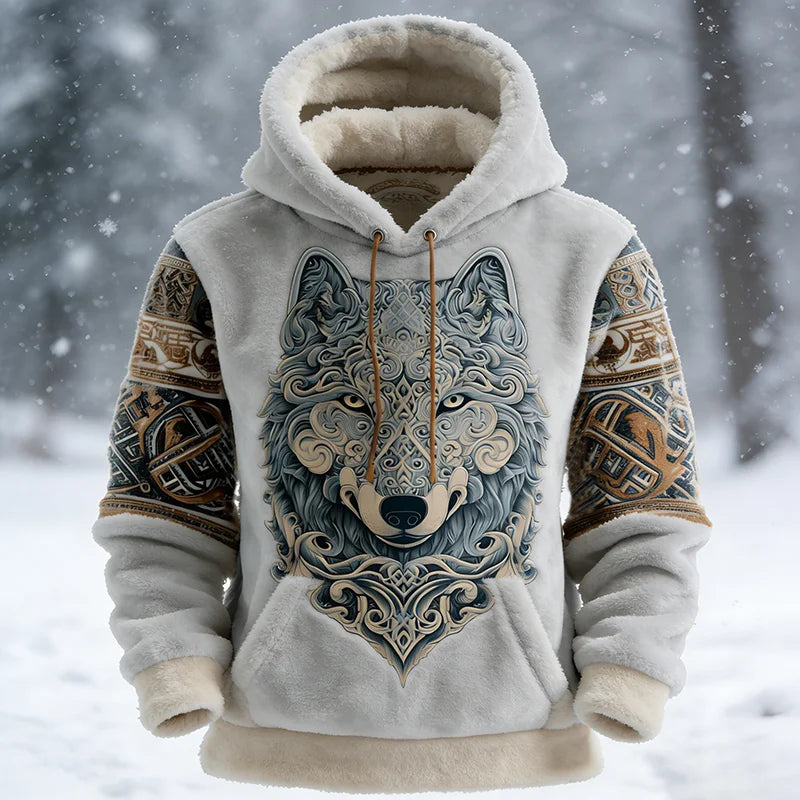 Cardydony Men's Celtic Knot And Wolf Print Color-blocked Comfortable Hooded Sweatshirt