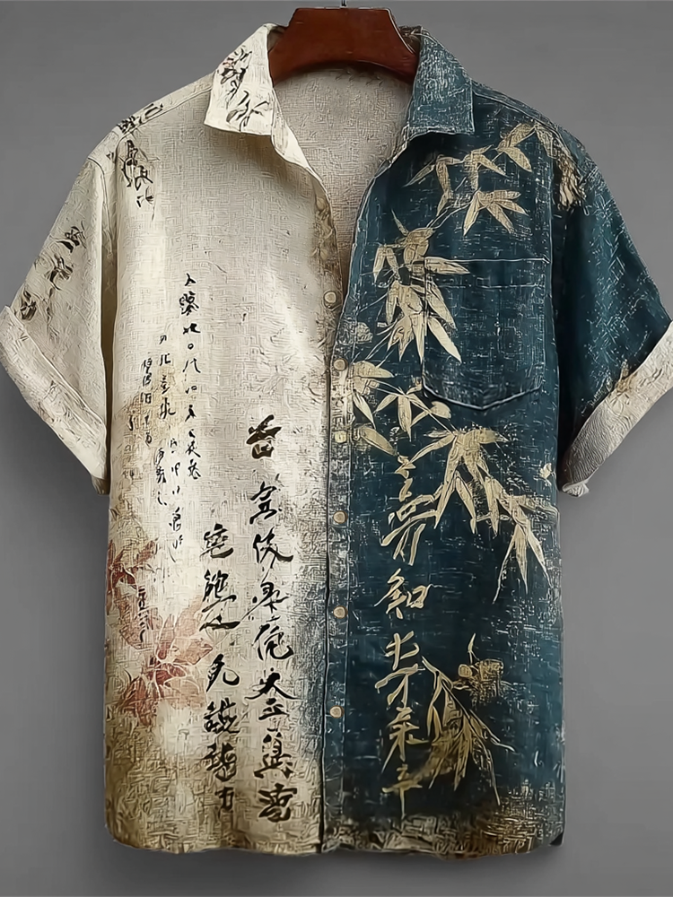 Cardydony Japanese Art Retro Line Art Linen Casual Short-sleeve Shirt