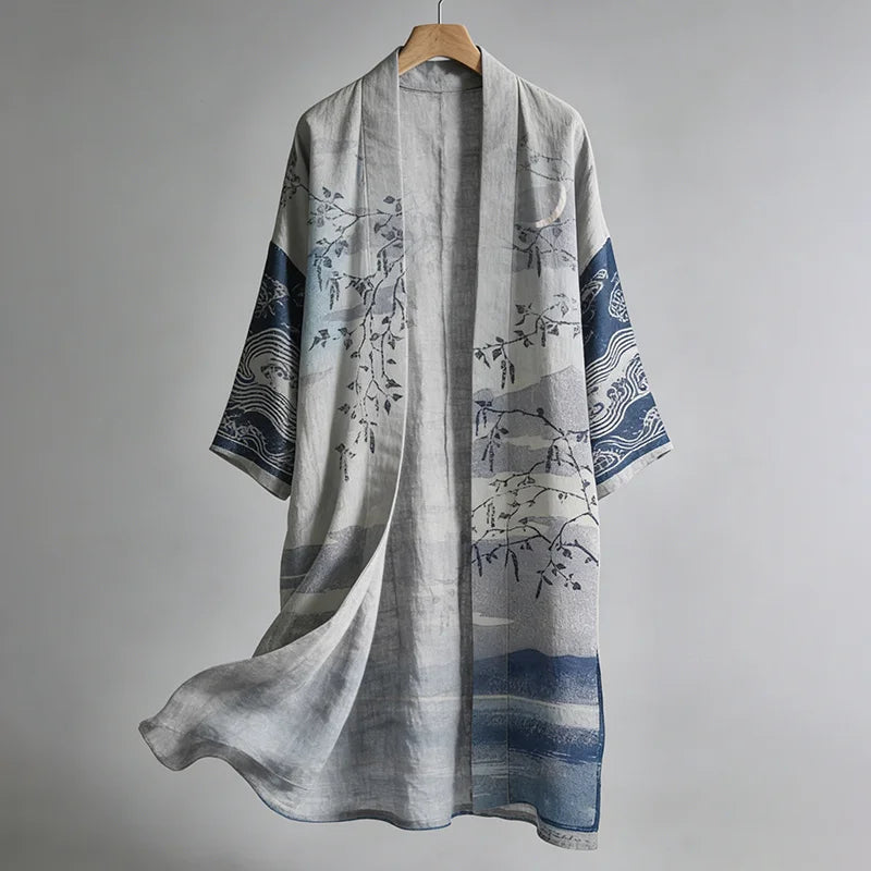 Cardydony Women's Japanese Art Linen Long Kimono