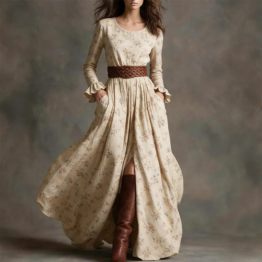 Cardydony Vintage Floral Cotton And Linen Long Sleeve Maxi Dress