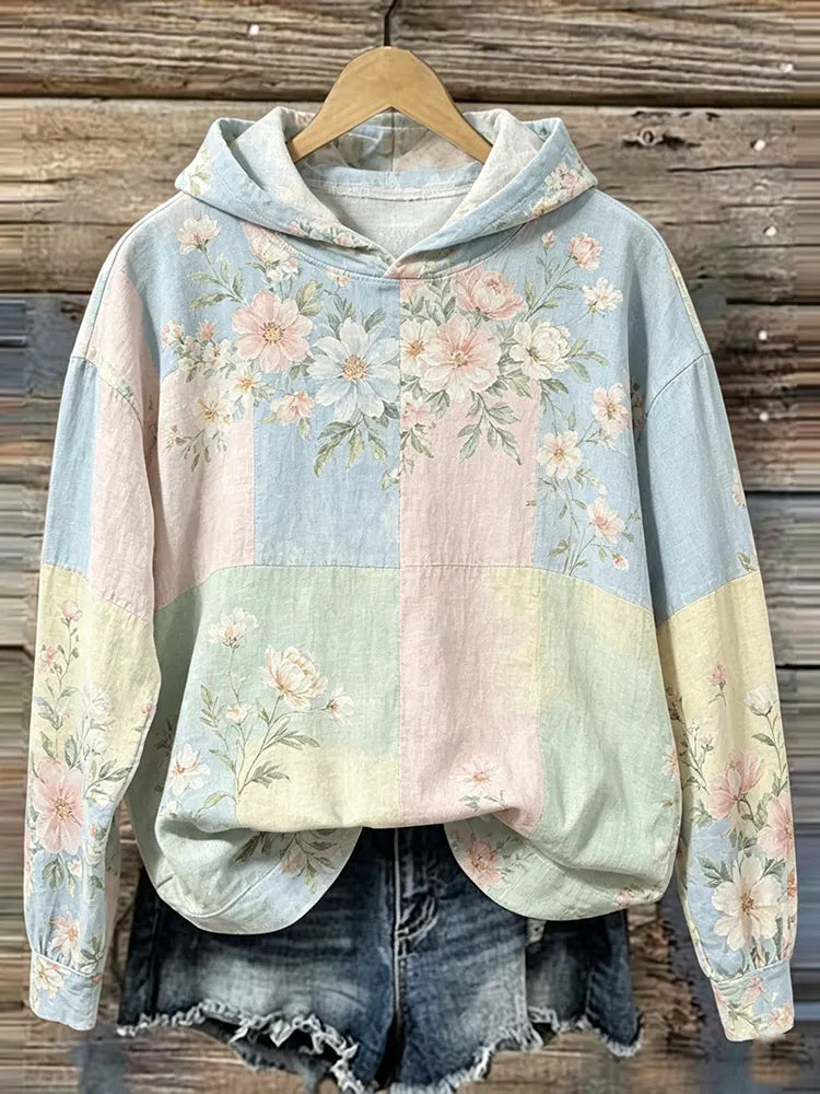 Cardydony Women's Pink Rose And Butterfly Art Print Patchwork Hoodie