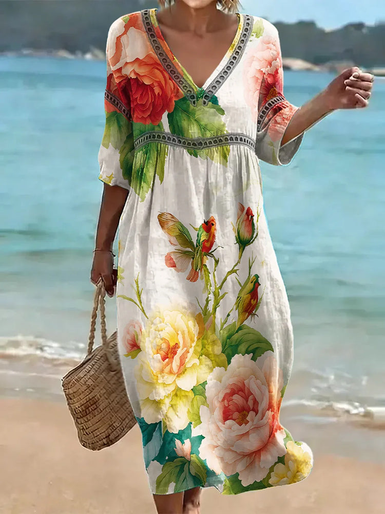 Cardydony Women's Folk Floral Art Pattern Linen Blend Loose Three-quarter Sleeve V Neck Dress