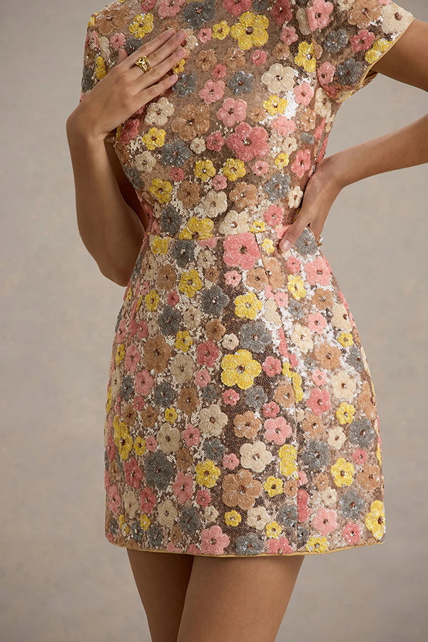 Cardydony Women's 80's Inspired Floral Print Sequin Short Sleeve Stretch Mini Dress
