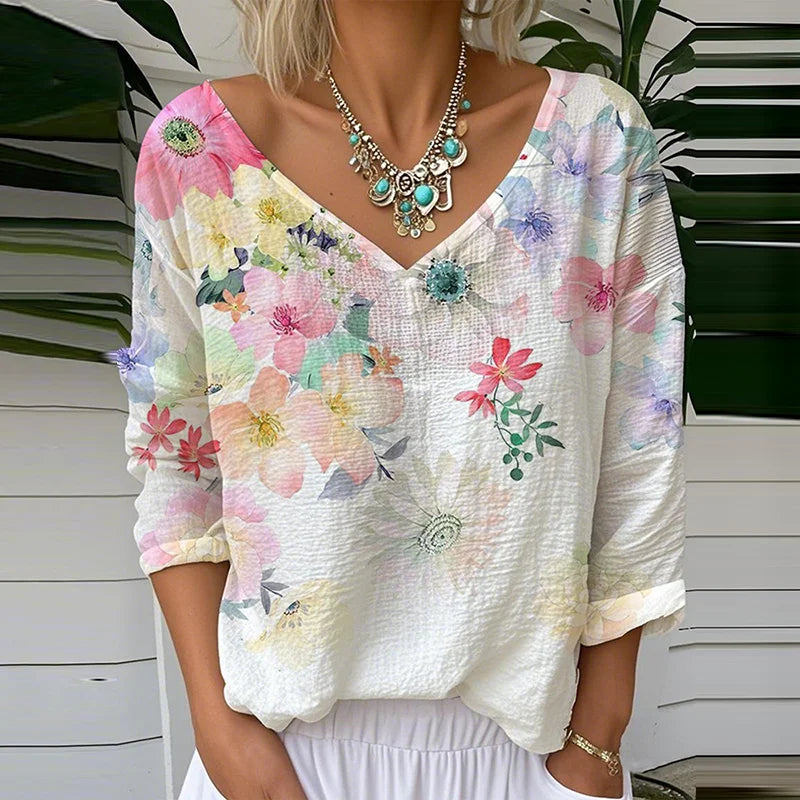 Cardydony Flower Print V-neck Linen Blend T-shirt