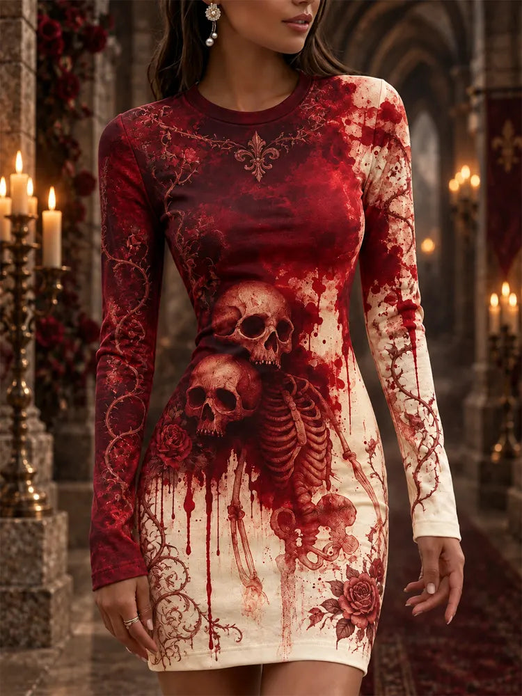 Cardydony Women's Halloween Bloodstain Skull Rose Print Round Neck Bodycon Dress
