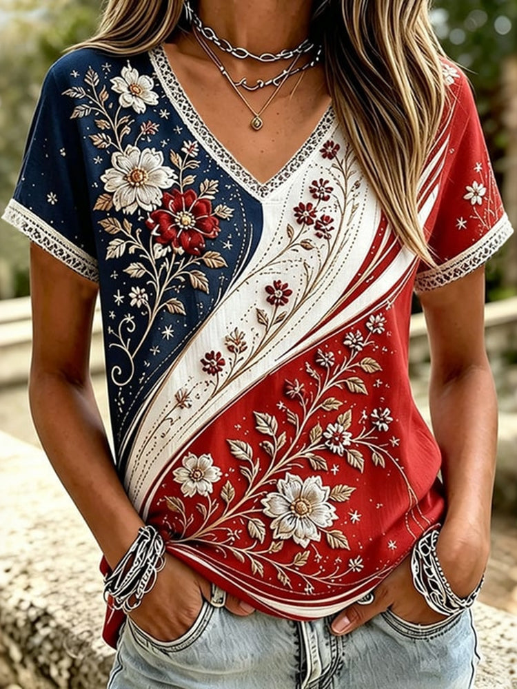 Cardydony Women's Vintage Independence Day Floral Print Short Sleeve T-shirt