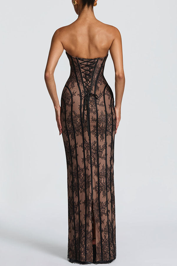 Cardydony Women's Sian Floral Lace Contrast Structural Detail Back Lace-up Strapless Slit Maxi Dress