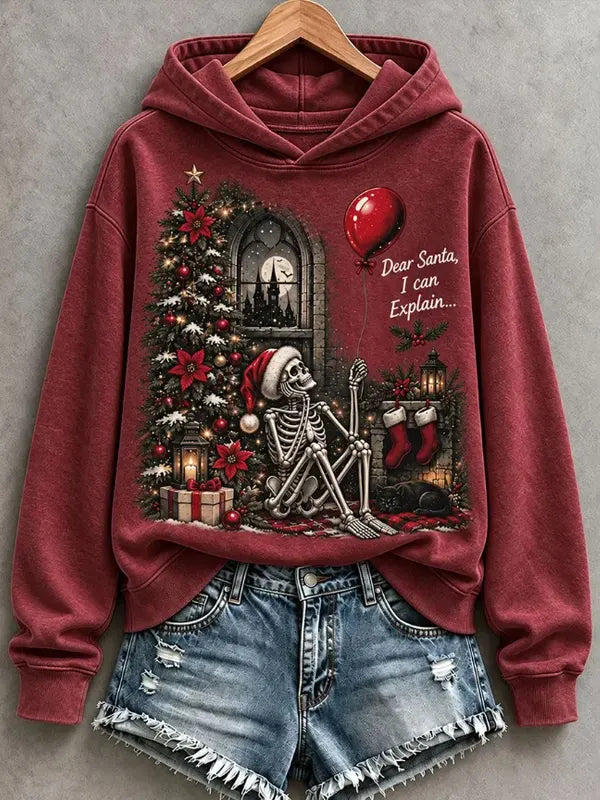 Cardydony Women's Fun Gothic Skeleton Xmas Tree Art Print Hoodie
