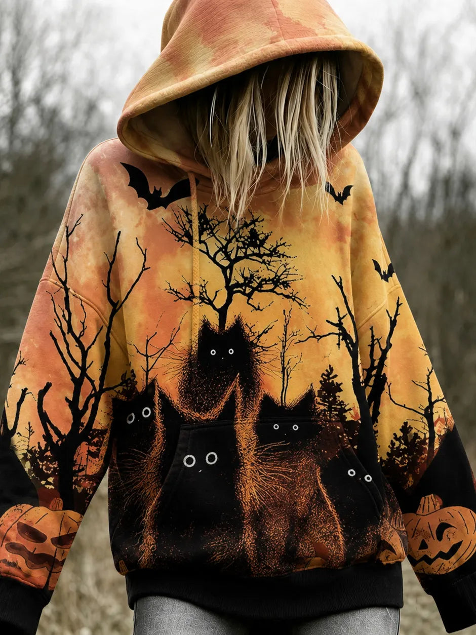 Cardydony Women's Black Cat Halloween Design Hoodie
