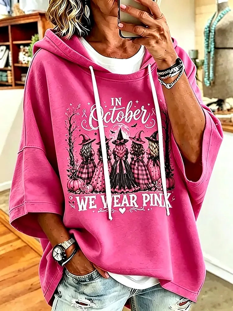 Cardydony Women's Pink Halloween In October We Wear Pink Printed Hooded Top