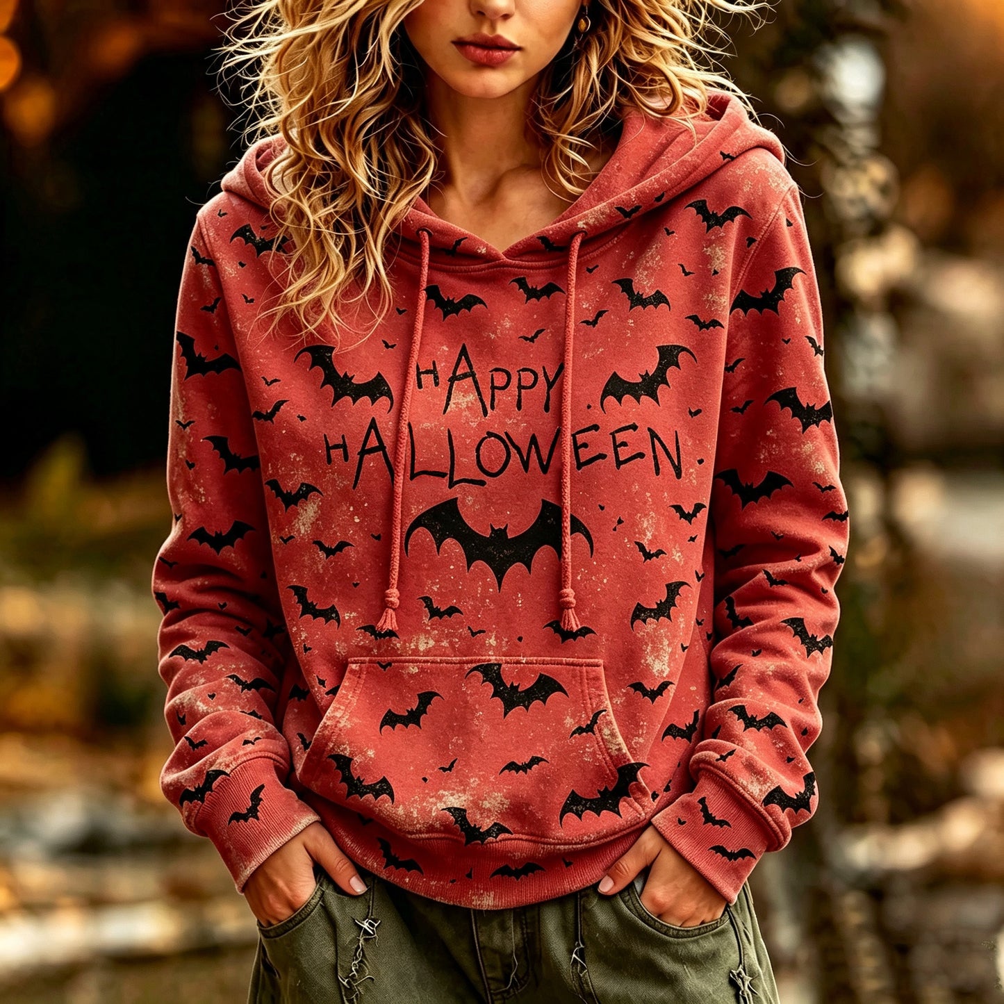Cardydony Women's Retro Halloween Bat Print Hooded Sweatshirt