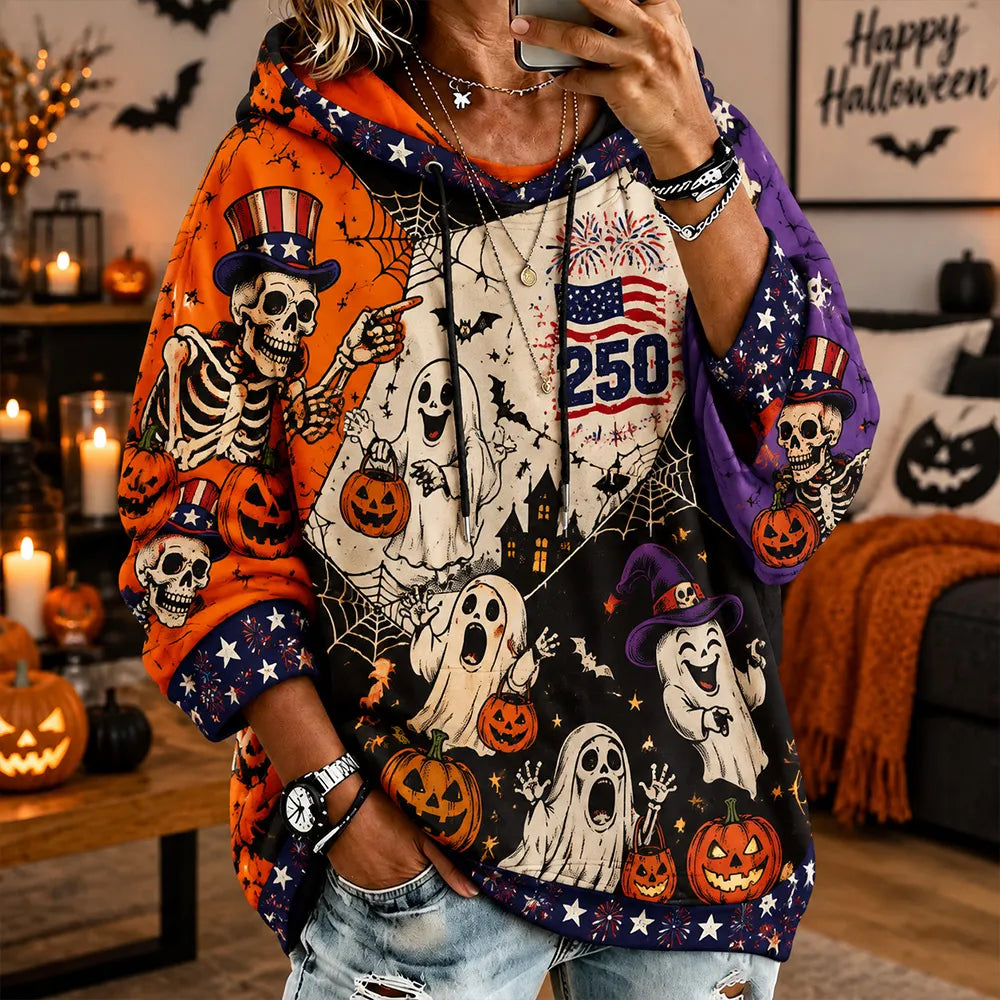 Cardydony Women's Halloween Skull And Ghost Art Print Patchwork Casual Hoodie