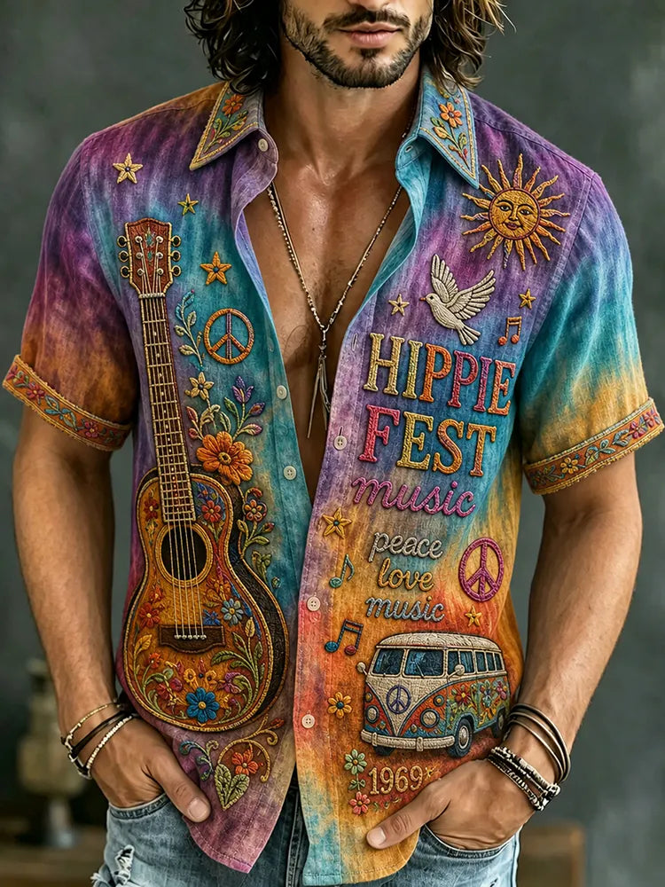 Cardydony Men's Retro Bohemian Hippie Style Floral Print Short-sleeve Shirt