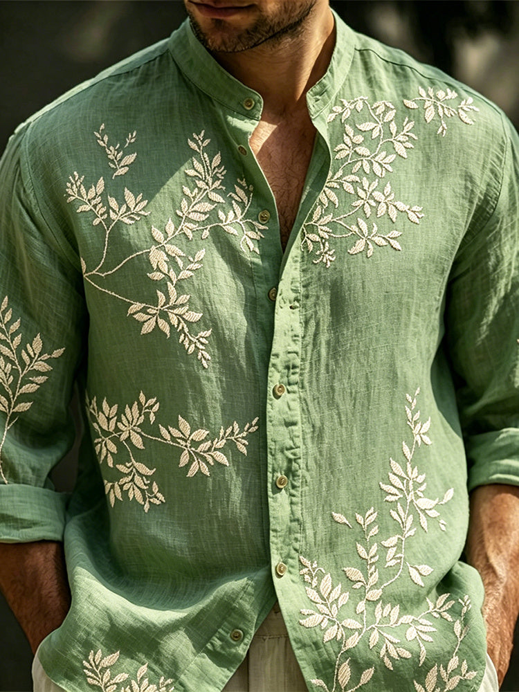 Cardydony Men's Vintage Spring Floral Embroidered Art Print Flowy Linen Blend Casual Shirt