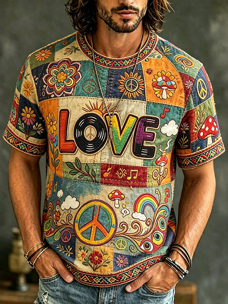 Cardydony Men's Casual Color Block Love Music Retro Hippie Crew Neck T-shirt