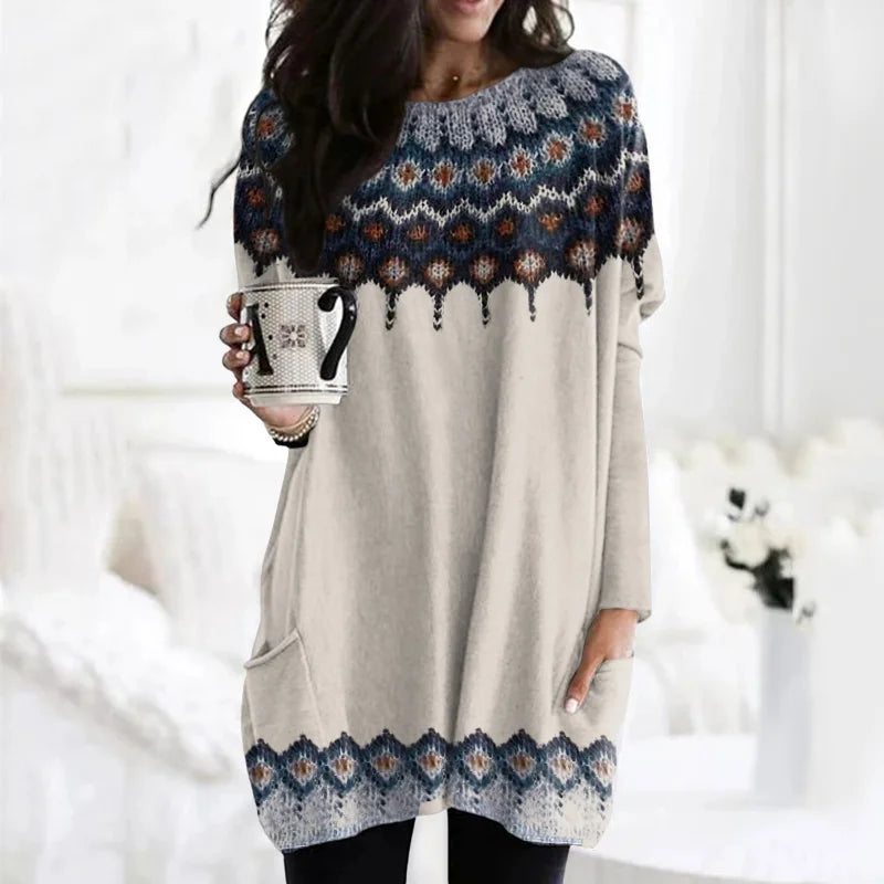 Cardydony Retro Icelandic Pattern Pocket Crew Neck Tunic