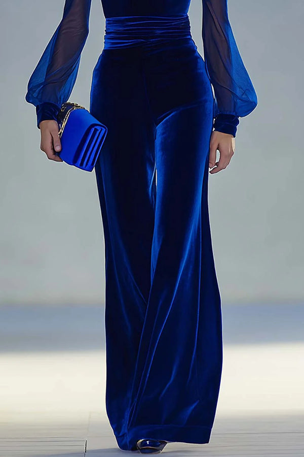 Cardydony Women's Solid Color Velvet V-neck Long-sleeved Elegant Fitted Jumpsuit
