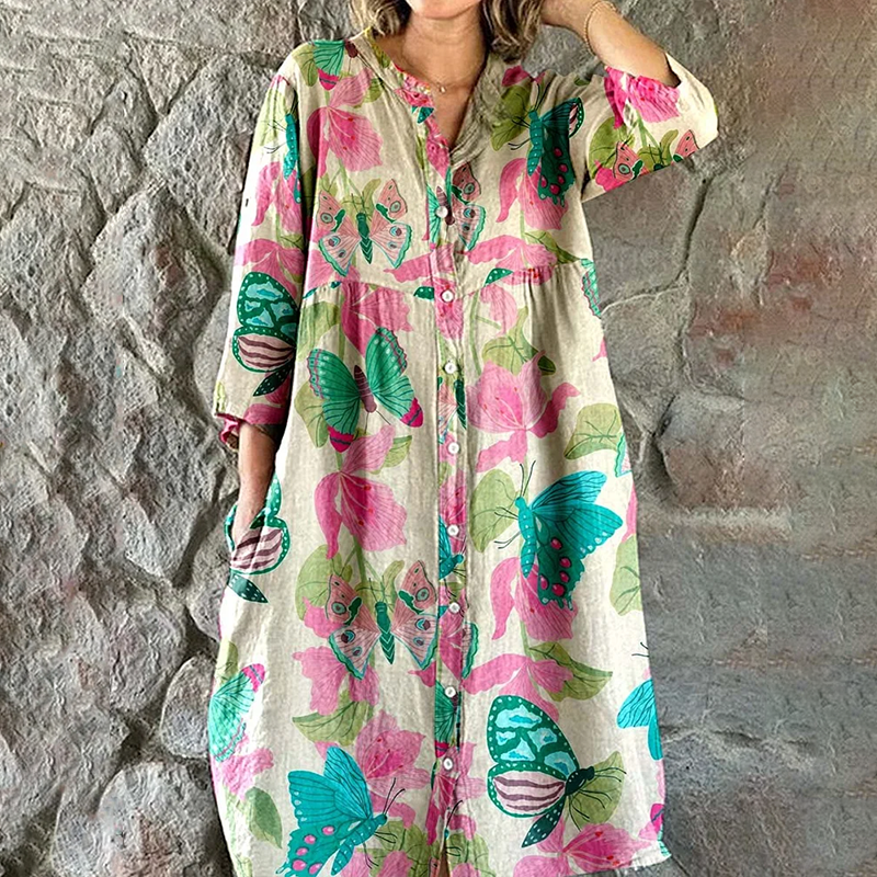 Cardydony Women's Elegant Vintage Floral Print Shirt Style Cotton And Linen Dress