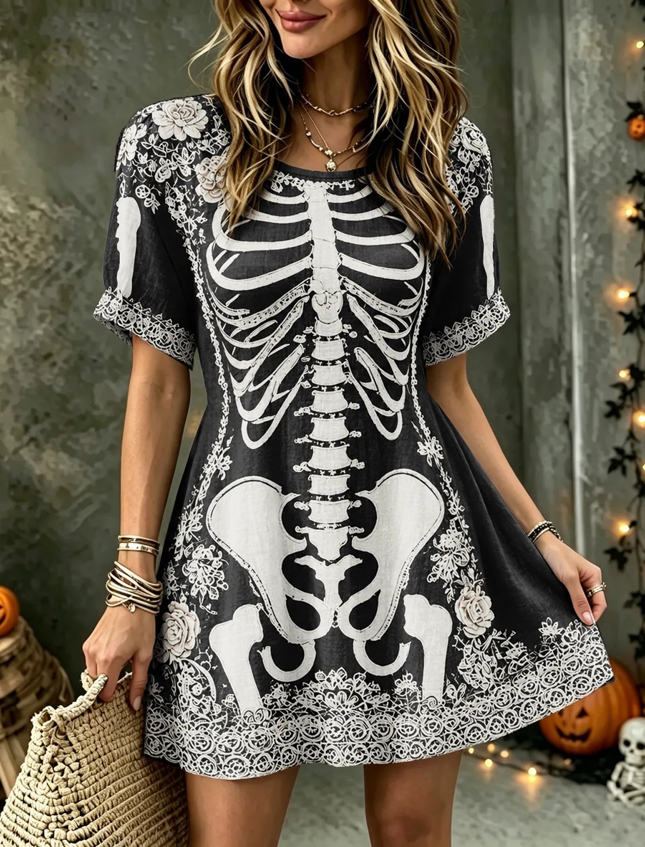 Cardydony Women's Vintage Halloween Rose And Human Skeleton Art Crew Neck Short Sleeve Mini Dress